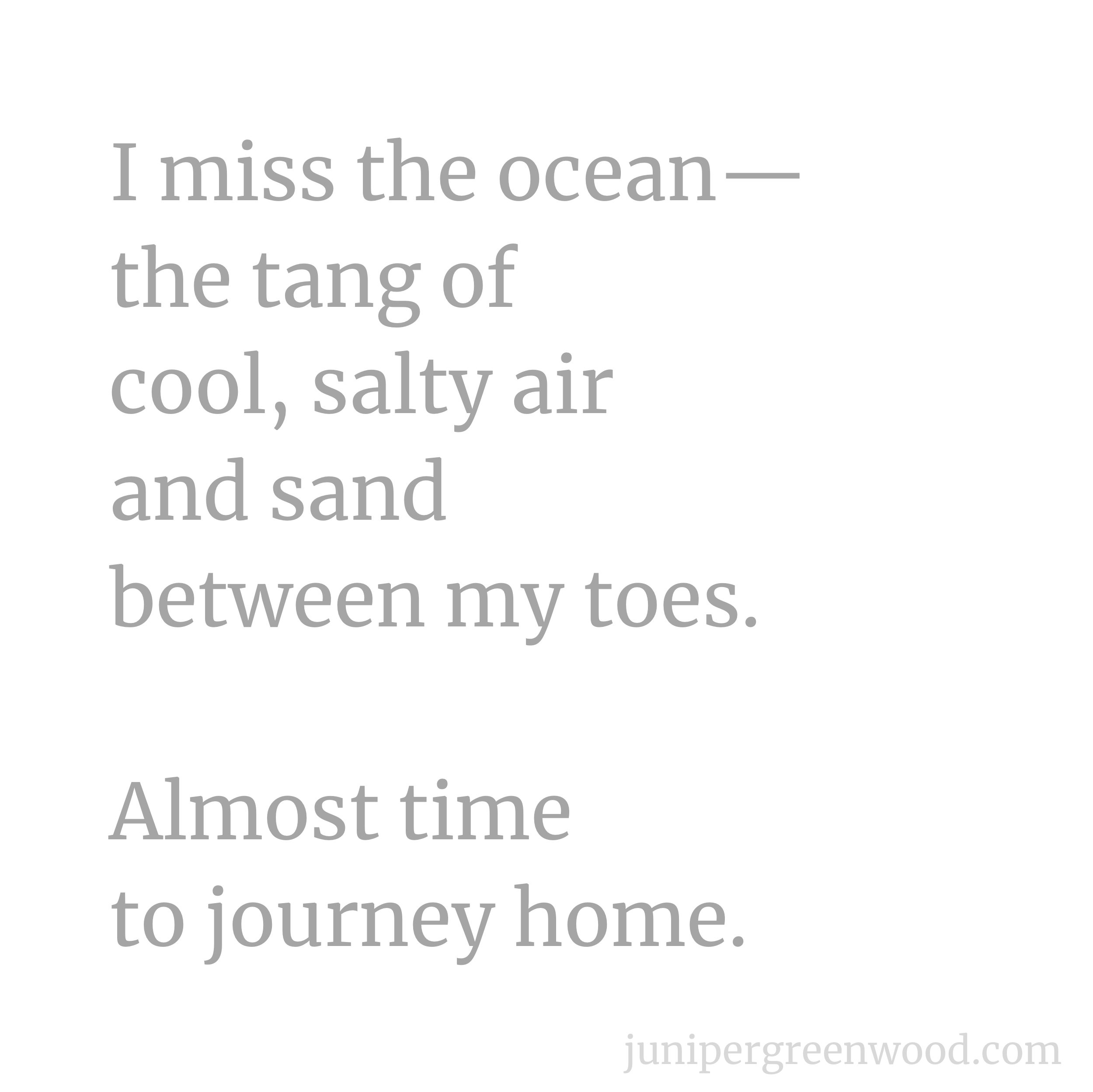 I miss the ocean— the tang of cool, salty air and sand between my toes. Almost time to journey home.